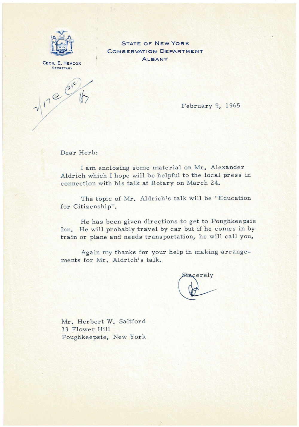 Image for TYPED LETTER SIGNED by then Conservation Department Secretary CECIL E. HEACOX thanking Poughkeepsie Superintendent of Parks Herbert Saltford for his help in making arrangements for Alexander Aldrich's talk. TYPED LETTER SIGNED by then Conservation Department Secretary CECIL E. HEACOX thanking Poughkeepsie Superintendent of Parks Herbert Saltford for his help in making arrangements for Alexander Aldrich's talk.
