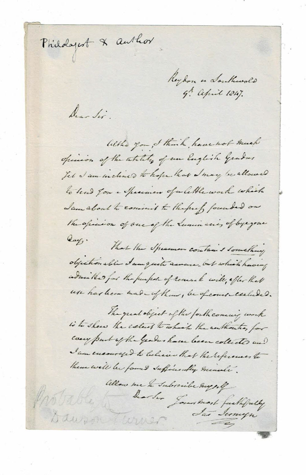 AUTOGRAPH LETTER SIGNED by the philologist JAMES JERMYN referring to his is soon to be published 1848 pamphlet a 