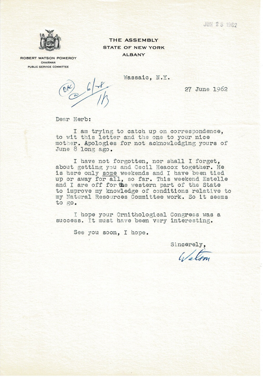 Image for TYPED LETTER SIGNED by the New York Assemblyman and Conservationist ROBERT WATSON POMEROY to Poughkeepsie Superintendent of Parks Herbert Saltford mentioning Cecil Heacox. TYPED LETTER SIGNED by the New York Assemblyman and Conservationist ROBERT WATSON POMEROY to Poughkeepsie Superintendent of Parks Herbert Saltford mentioning Cecil Heacox.