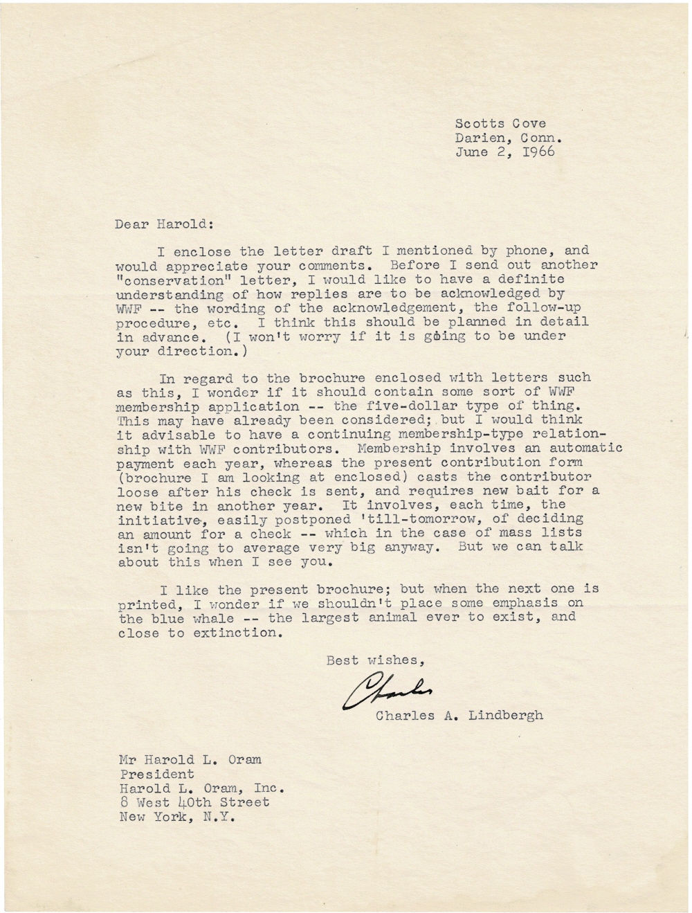 TYPED LETTER SIGNED by the famous American aviator CHARLES A. LINDBERGH to the humanitarian and environmental fund raiser Harold L. Oram with his suggestions for the World Wildlife Fund.