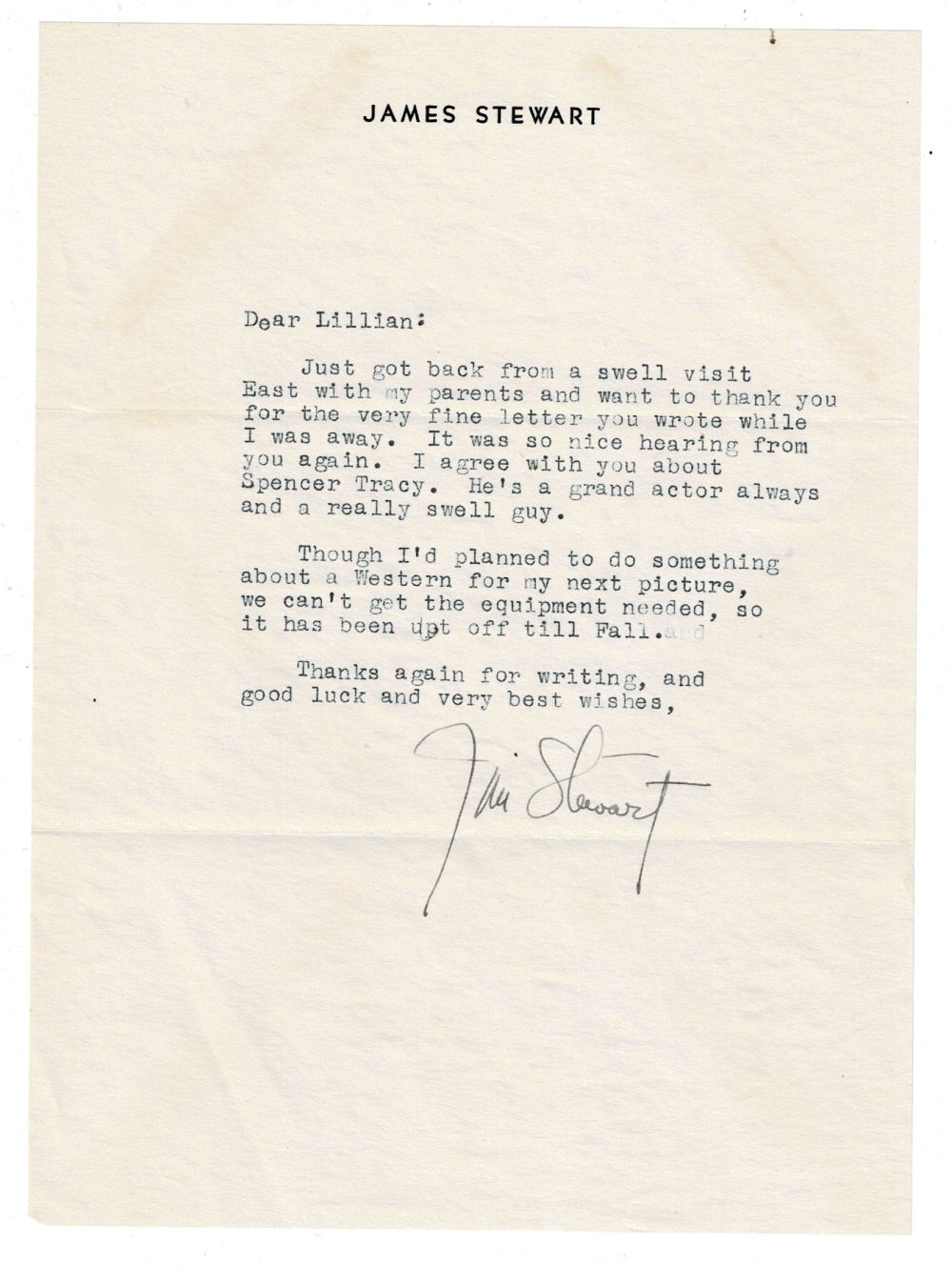 TYPED LETTER SIGNED by the American movie actor JIMMY STEWART mentioning Spencer Tracy and a possible Western film.