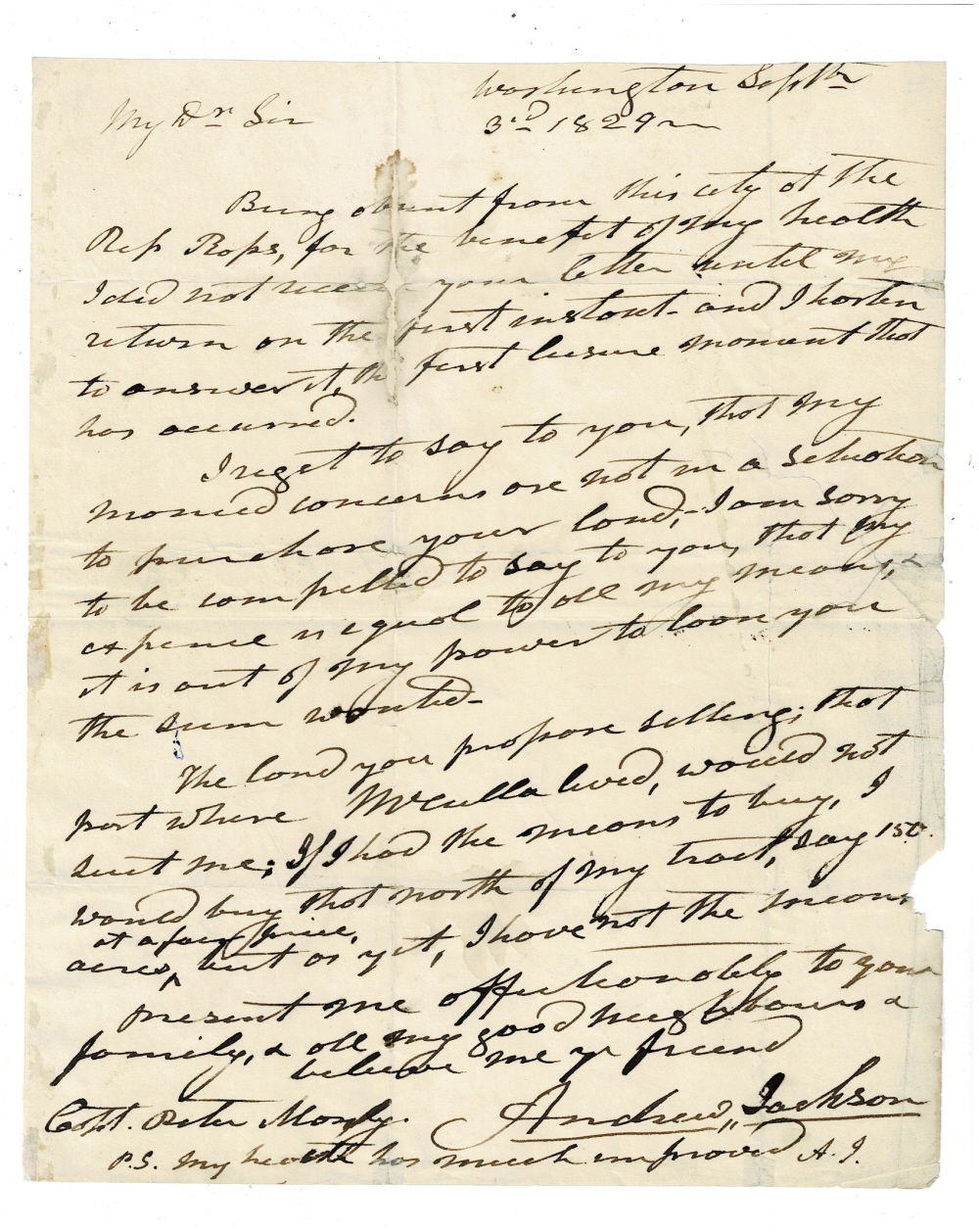 Image for AUTOGRAPH LETTER SIGNED and also INITIALED by ANDREW JACKSON while serving as president of the United States, declining an offer to purchase land next to his plantation in Nashville. AUTOGRAPH LETTER SIGNED and also INITIALED by ANDREW JACKSON while serving as president of the United States, declining an offer to purchase land next to his plantation in Nashville.