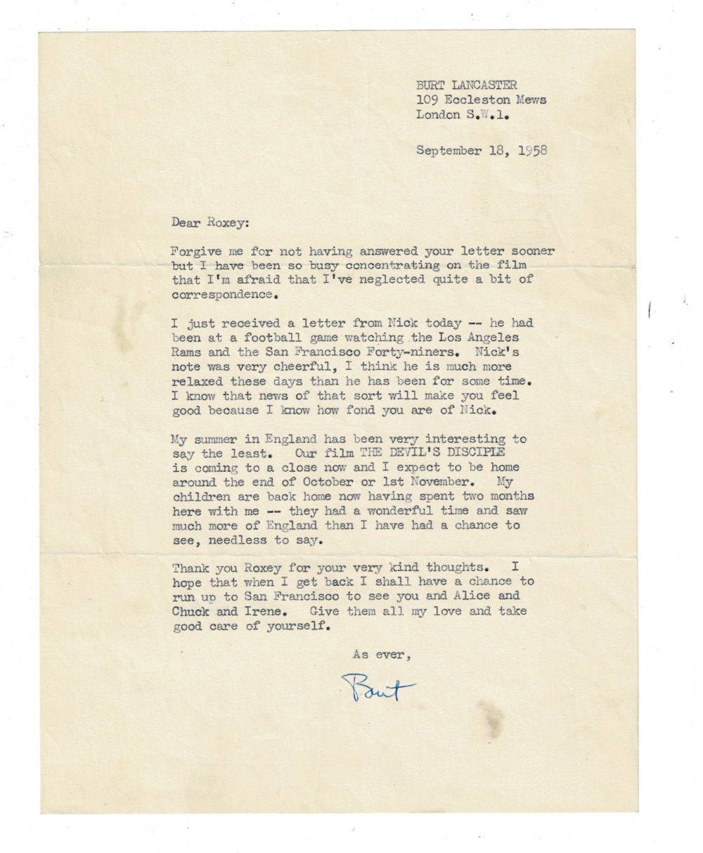 Image for TYPED LETTER SIGNED by the American movie star BURT LANCASTER in which he mentions  TYPED LETTER SIGNED by the American movie star BURT LANCASTER in which he mentions