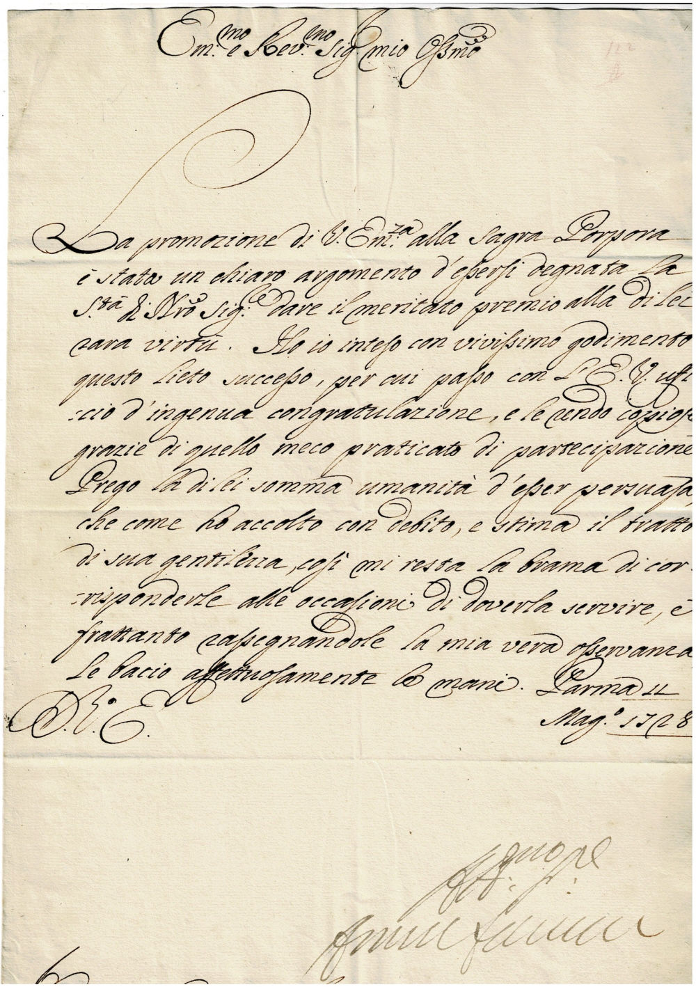 Image for HOLOGRAPH LETTER SIGNED by ANTONIO FARNESE, DUKE OF PARMA addressing CARLO COLLICOLA and congratulating him on his promotion to CARDINAL. HOLOGRAPH LETTER SIGNED by ANTONIO FARNESE, DUKE OF PARMA addressing CARLO COLLICOLA and congratulating him on his promotion to CARDINAL.
