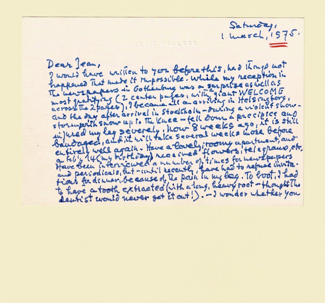 Image for AUTOGRAPH LETTER SIGNED by the Swedish-born American actor ARVID PAULSON to City Center Producer Jean Dalrymple explaining that he injured his leg in a fall from a precipice and that grants should be withheld from a theater group in Huntington until they pay him the royalties they owe. AUTOGRAPH LETTER SIGNED by the Swedish-born American actor ARVID PAULSON to City Center Producer Jean Dalrymple explaining that he injured his leg in a fall from a precipice and that grants should be withheld from a theater group in Huntington until they pay him the royalties they owe.