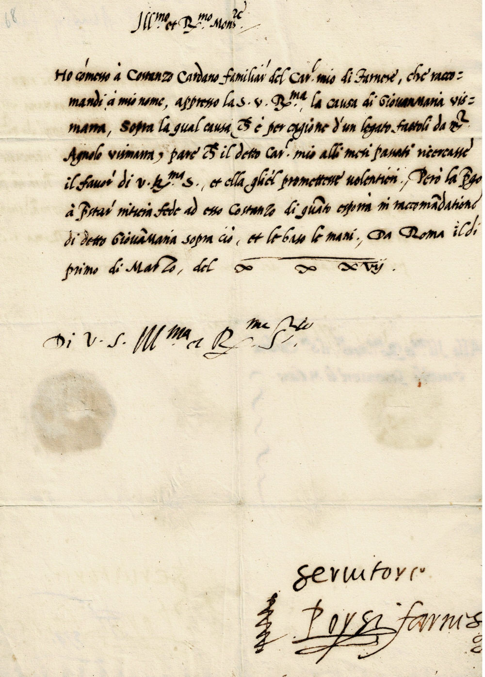 Image for HOLOGRAPH LETTER SIGNED by PIER LUIGI FARNESE, FIRST DUKE OF CASTRO and FIRST DUKE OF PARMA & PIACENZA requesting the help of CARDINAL CARACCIOLO with obtaining the inheritance of Giovannmaria Vismara. HOLOGRAPH LETTER SIGNED by PIER LUIGI FARNESE, FIRST DUKE OF CASTRO and FIRST DUKE OF PARMA & PIACENZA requesting the help of CARDINAL CARACCIOLO with obtaining the inheritance of Giovannmaria Vismara.