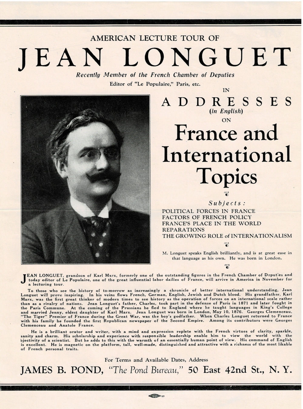 AMERICAN LECTURE TOUR OF JEAN LONGUET Recently Member of the French Chamber of Deputies : Editor of 