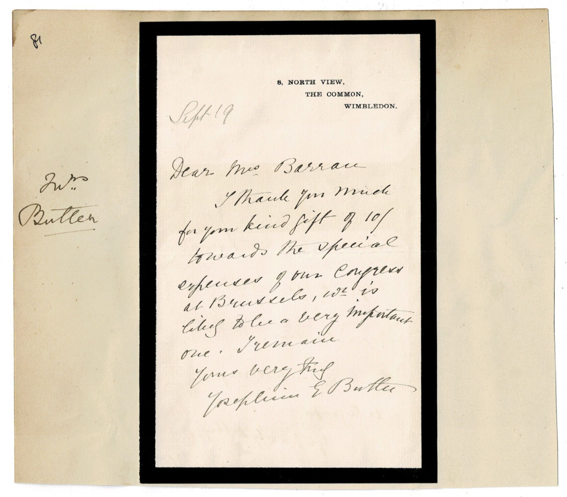 AUTOGRAPH LETTER SIGNED by the ENGLISH SOCIAL REFORMER JOSEPHINE BUTLER regarding THE CONGRESS AT BRUSSELS.