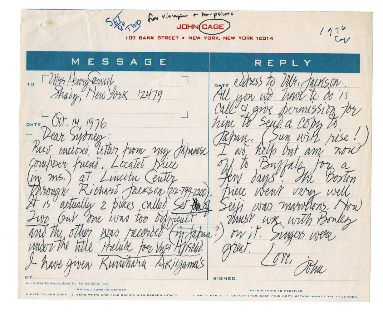 Image for AUTOGRAPH LETTER SIGNED by the Avant-Garde Composer JOHN CAGE to Henry Cowell's widow SYDNEY COWELL, mentioning the Japanese Composer Kuniharu Akiyama, compositions by Henry Cowell, and indirectly referring to his own compositions AUTOGRAPH LETTER SIGNED by the Avant-Garde Composer JOHN CAGE to Henry Cowell's widow SYDNEY COWELL, mentioning the Japanese Composer Kuniharu Akiyama, compositions by Henry Cowell, and indirectly referring to his own compositions