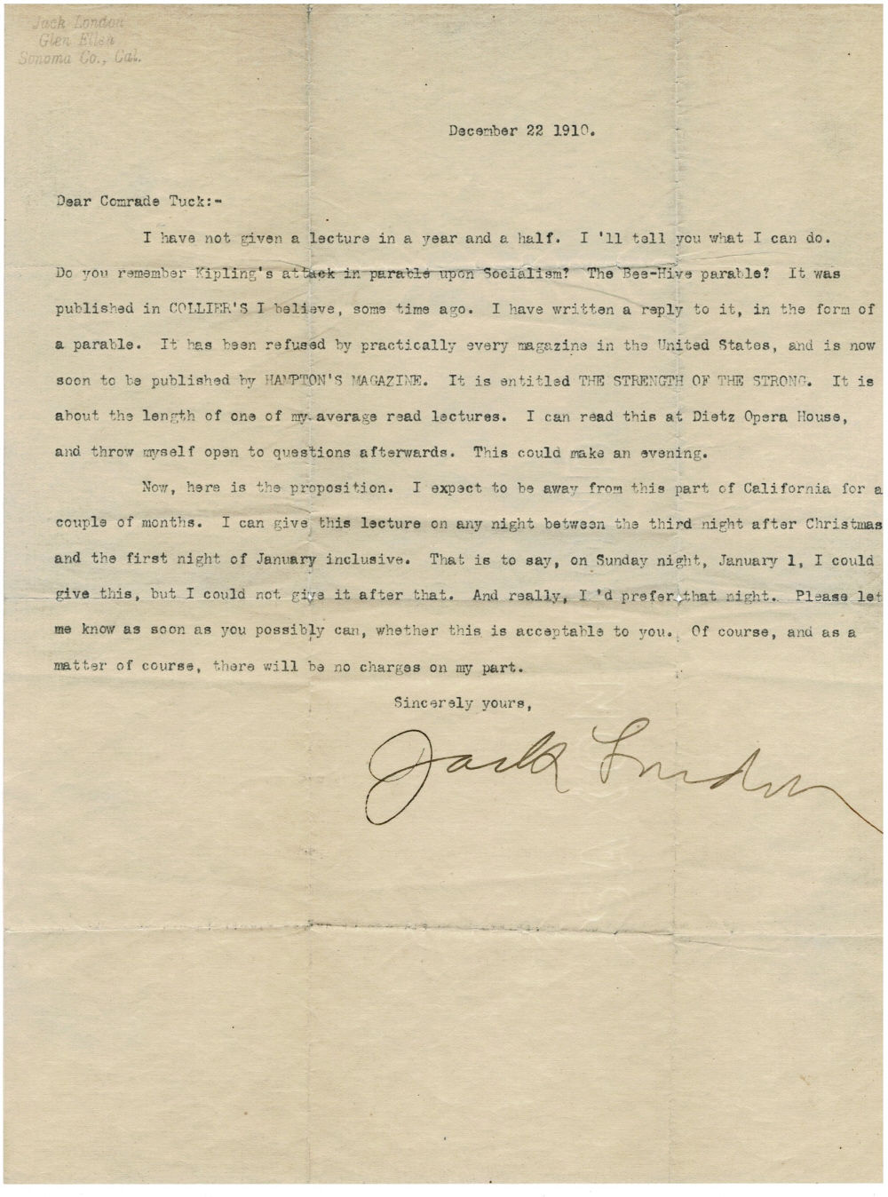A JACK LONDON TYPED LETTER SIGNED to FELLOW SOCIALIST H.C. TUCK proposing a PUBLIC READING of his SOCIALIST-THEMED STORY 