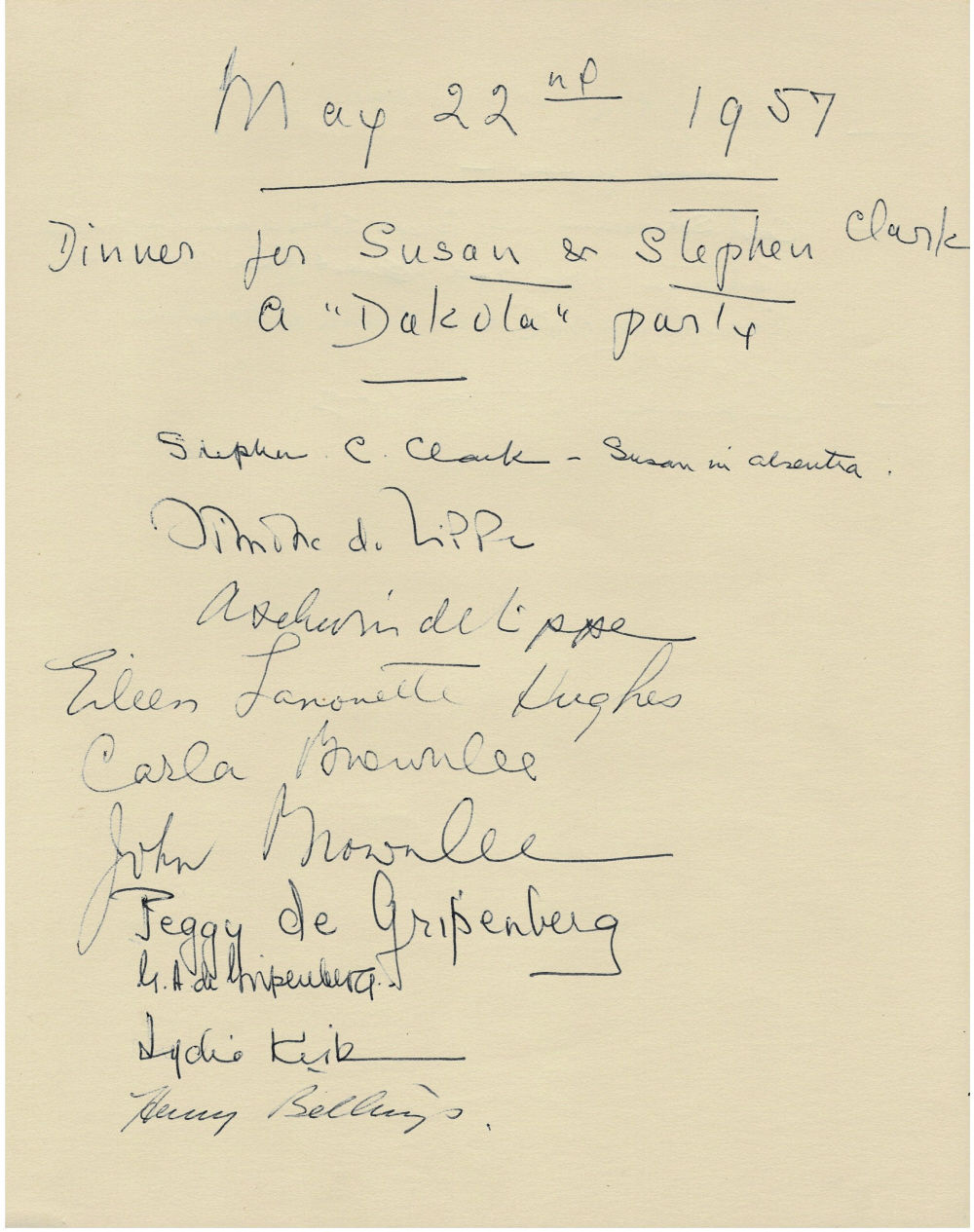 MAY 22nd 1957: DINNER FOR SUSAN & STEPHEN CLARKE, A 'DAKOTA' PARTY