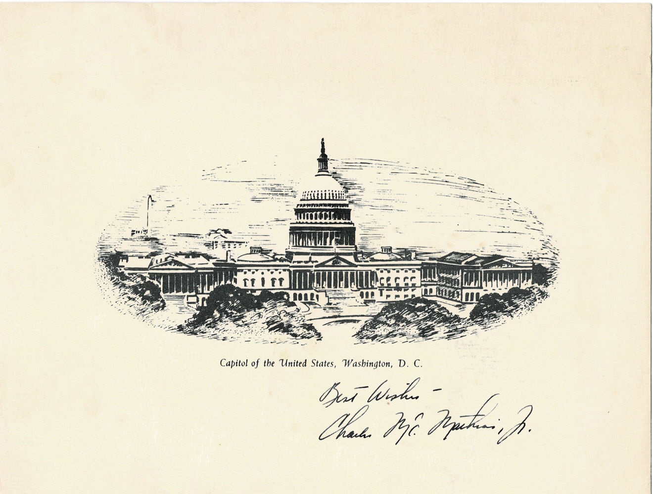 Image for A Black & White Print of the Capitol INSCRIBED & SIGNED by the U.S. Senator from Maryland CHARLES McCURDY MATHIAS, JR. A Black & White Print of the Capitol INSCRIBED & SIGNED by the U.S. Senator from Maryland CHARLES McCURDY MATHIAS, JR.