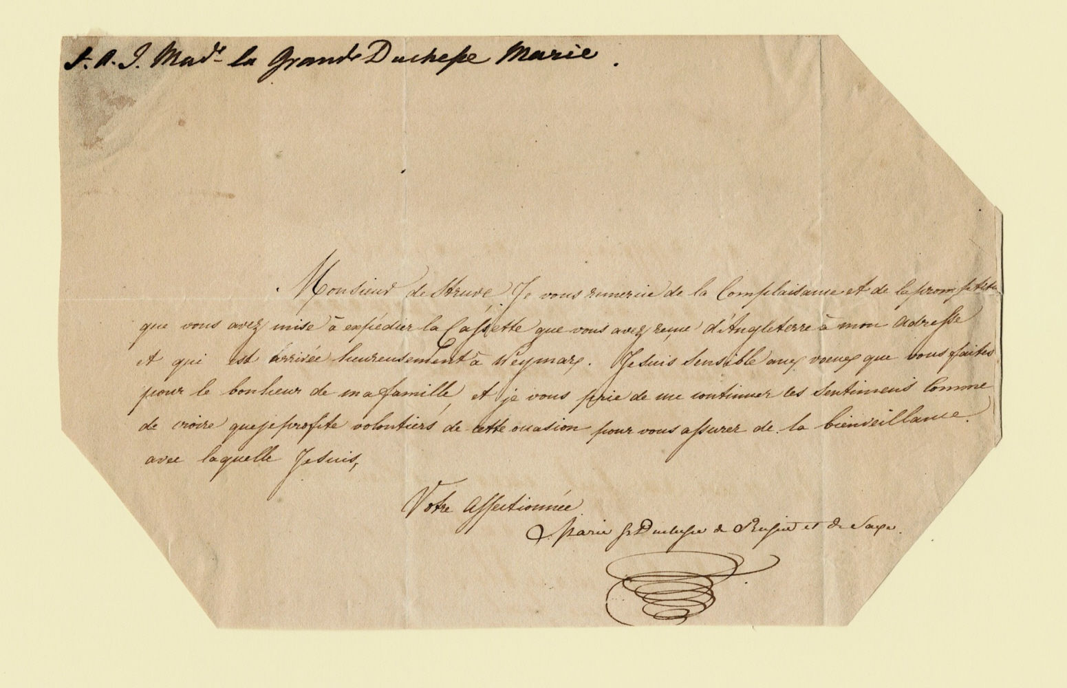 Image for AUTOGRAPH LETTER SIGNED by the Grand Duchess of Russia & Saxony MARIA PAVLOVA thanking the German diplomat Heinrich von Struve for conveying to her a gift AUTOGRAPH LETTER SIGNED by the Grand Duchess of Russia & Saxony MARIA PAVLOVA thanking the German diplomat Heinrich von Struve for conveying to her a gift