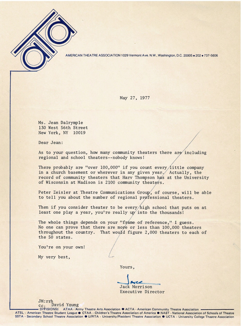 TYPED LETTER SIGNED by the executive director of the American Theatre Association JACK MORRISON, to City Center producer Jean Dalrymple regarding how many community theatres there are across the country.