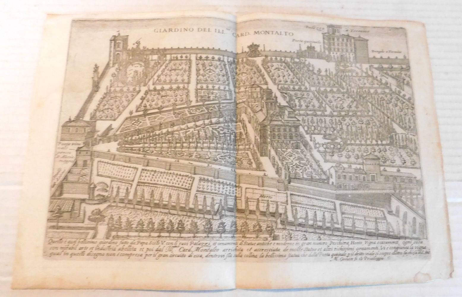 GIARDINO DEL ILL.mo CARD. MONTALTO. [An ORIGINAL COPPERPLATE ENGRAVED BIRD'S EYE VIEW of VILLA MONTALTO by MATTHEUS GREUTER].