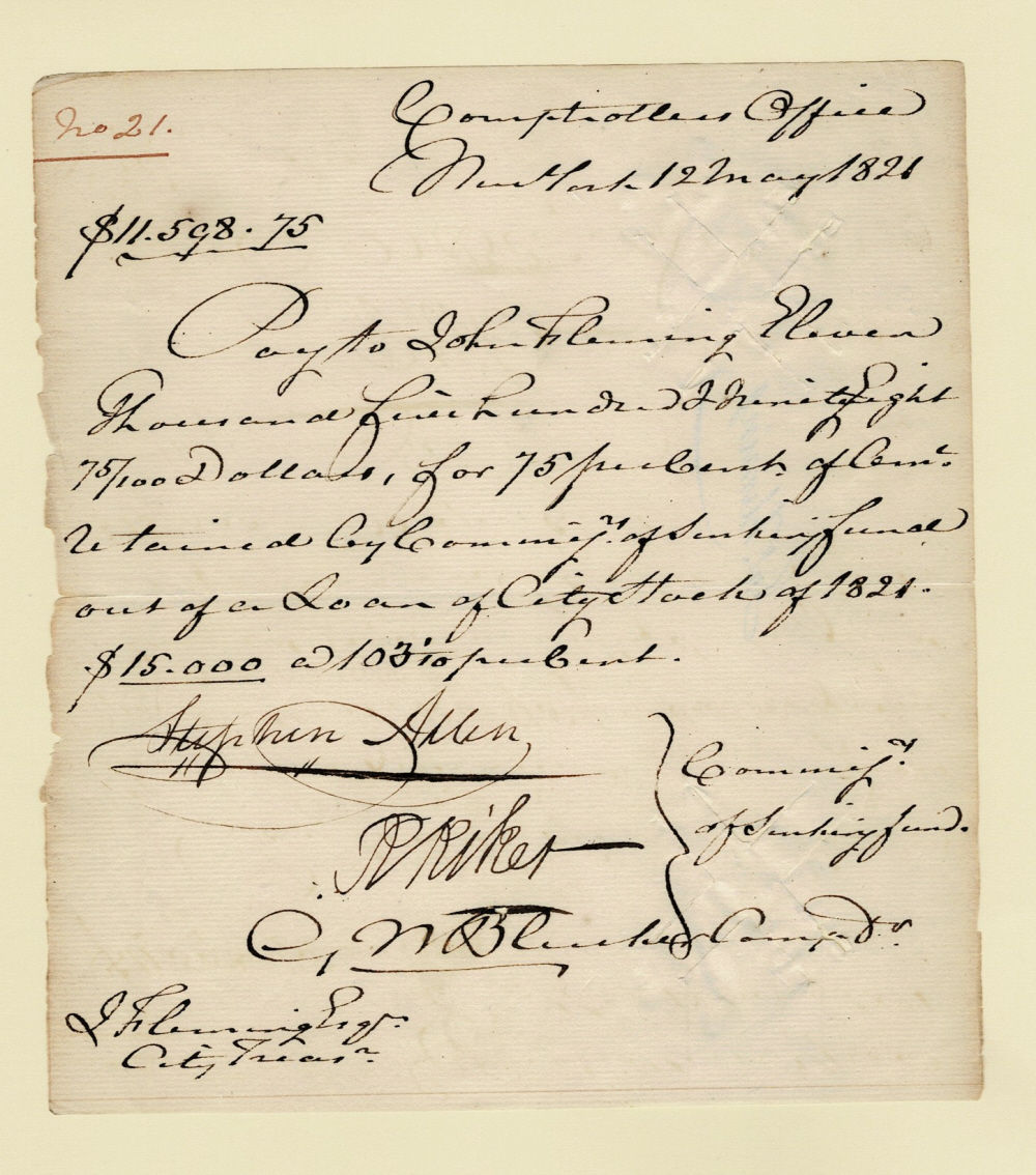 AUTOGRAPH DOCUMENT SIGNED by future New York City Mayor STEPHEN ALLEN, City Recorder RICHARD RIKER, City Comptroller GARRETT NOEL BLEECKER, and City Chamberlain and Treasurer JOHN FLEMING, authorizing payment of City funds to Fleming towards the Sinking Fund.
