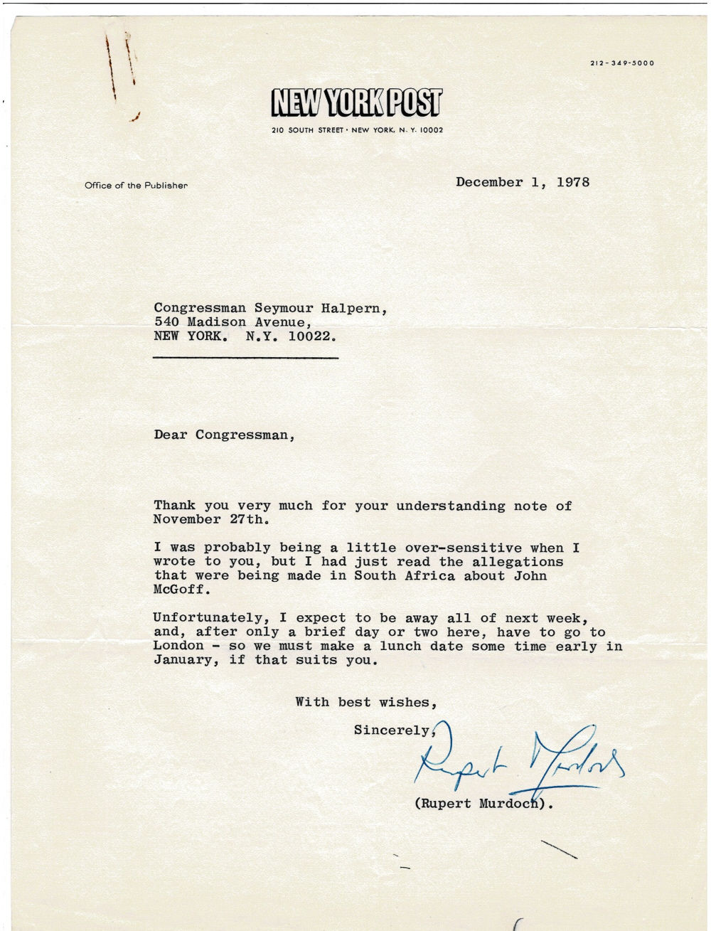 TYPED LETTER SIGNED by Media Mogul RUPERT MURDOCH to U.S. Congressman SEYMOUR HALPERN mentioning the allegations about JOHN MCGOFF.