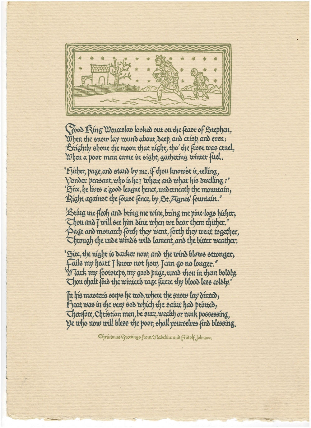 ORIGINAL CHRISTMAS BROADSIDE with GREETINGS from FRIDOLF and MADELINE JOHNSON: 