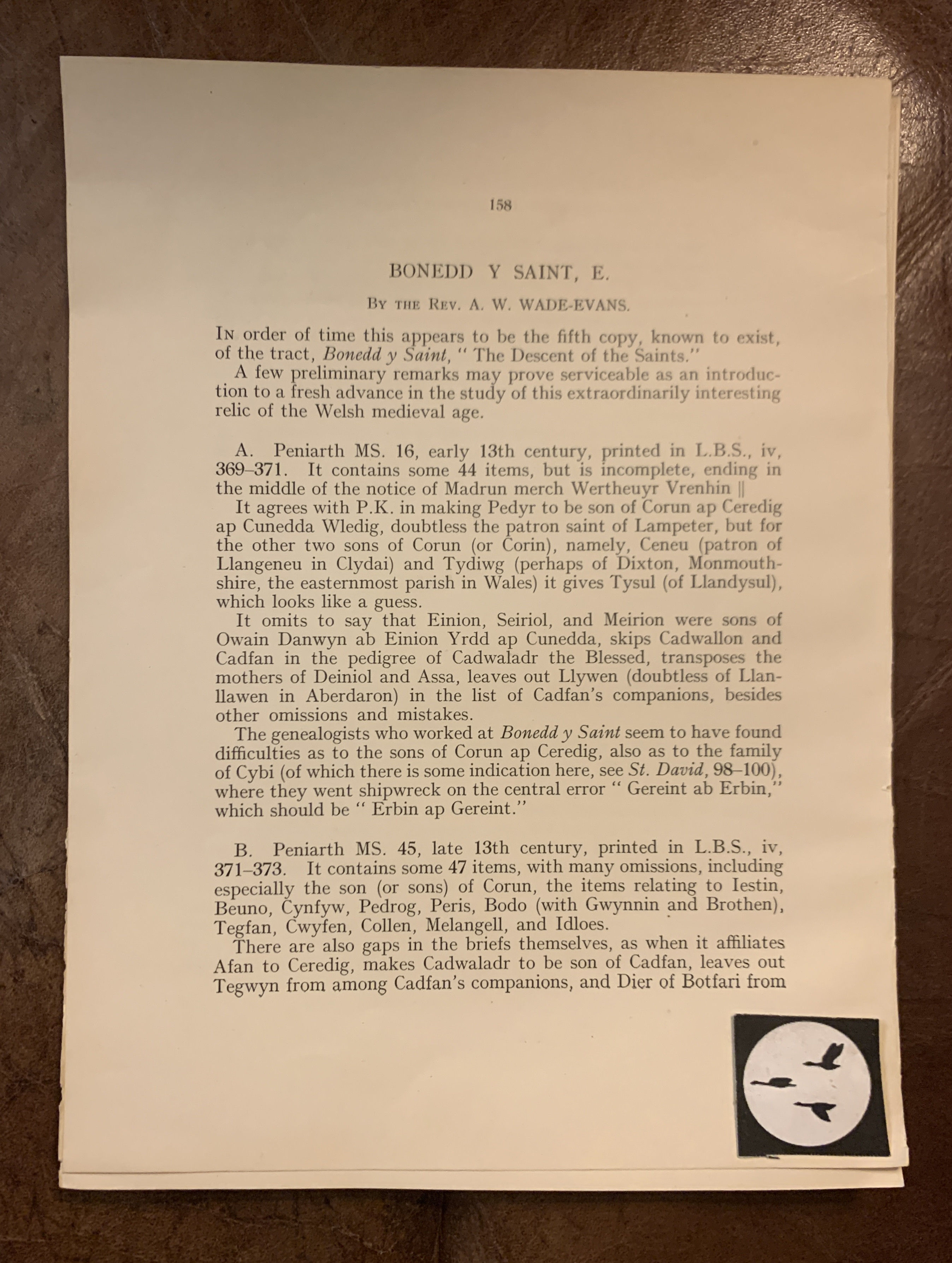 A. W. Wade-Evans - Bonedd Y Saint, E The Descent of the Saints