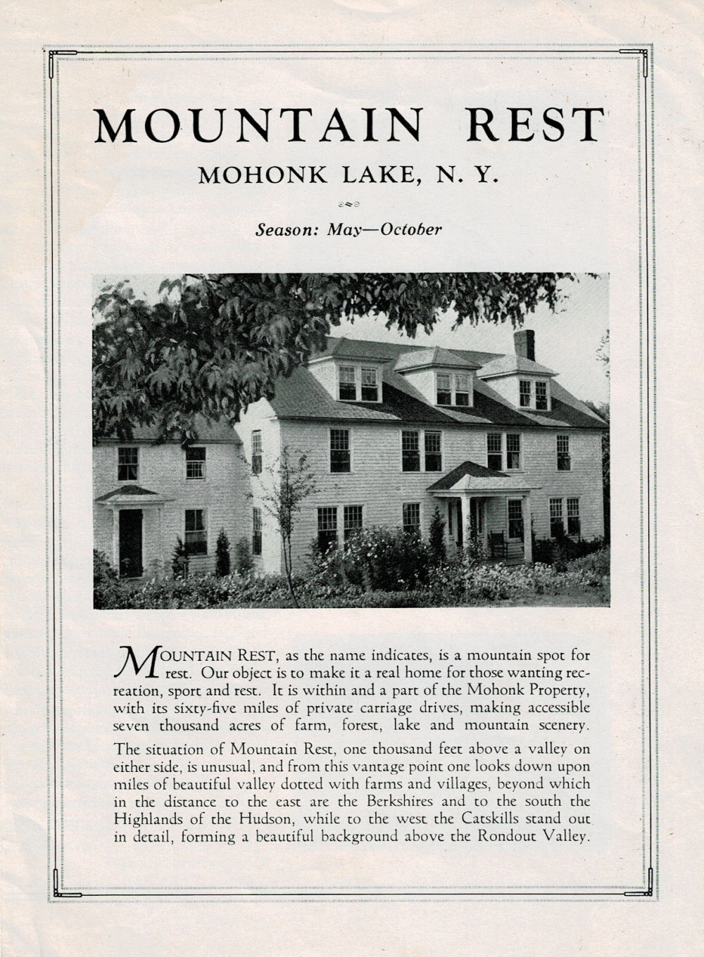 MOUNTAIN REST, MOHONK LAKE, N.Y. Season: May - October. [Original illustrated brochure].