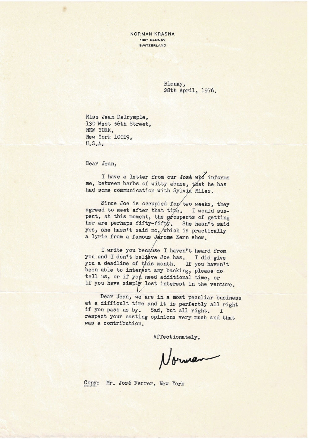 TYPED LETTER SIGNED by the American playwright and film director NORMAN KRASNA to Jean Dalrymple, regarding her producing his play.