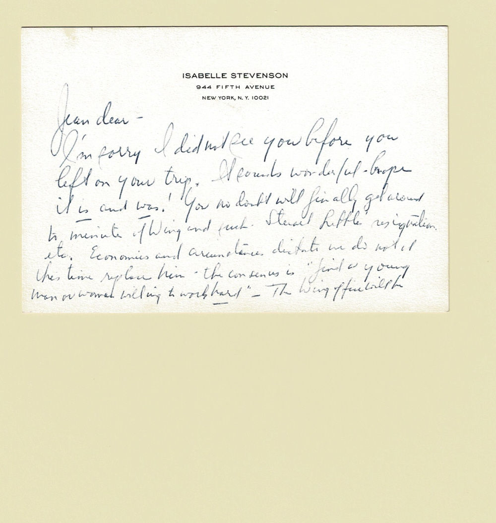 AUTOGRAPH LETTER SIGNED by the President of the American Theatre Wing ISABELLE STEVENSON to her friend City Center Producer Jean Dalrymple, discussing events at American Theatre Wing.
