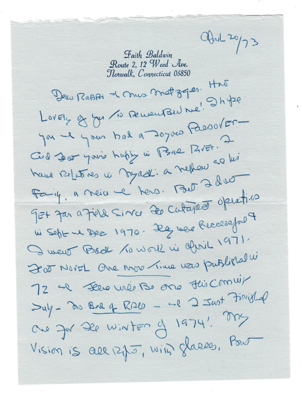 TWO AUTOGRAPH LETTERS SIGNED by the American author of Romance Novels FAITH BALDWIN to her friend Rabbi Kurt L. Metzger mentioning her books 