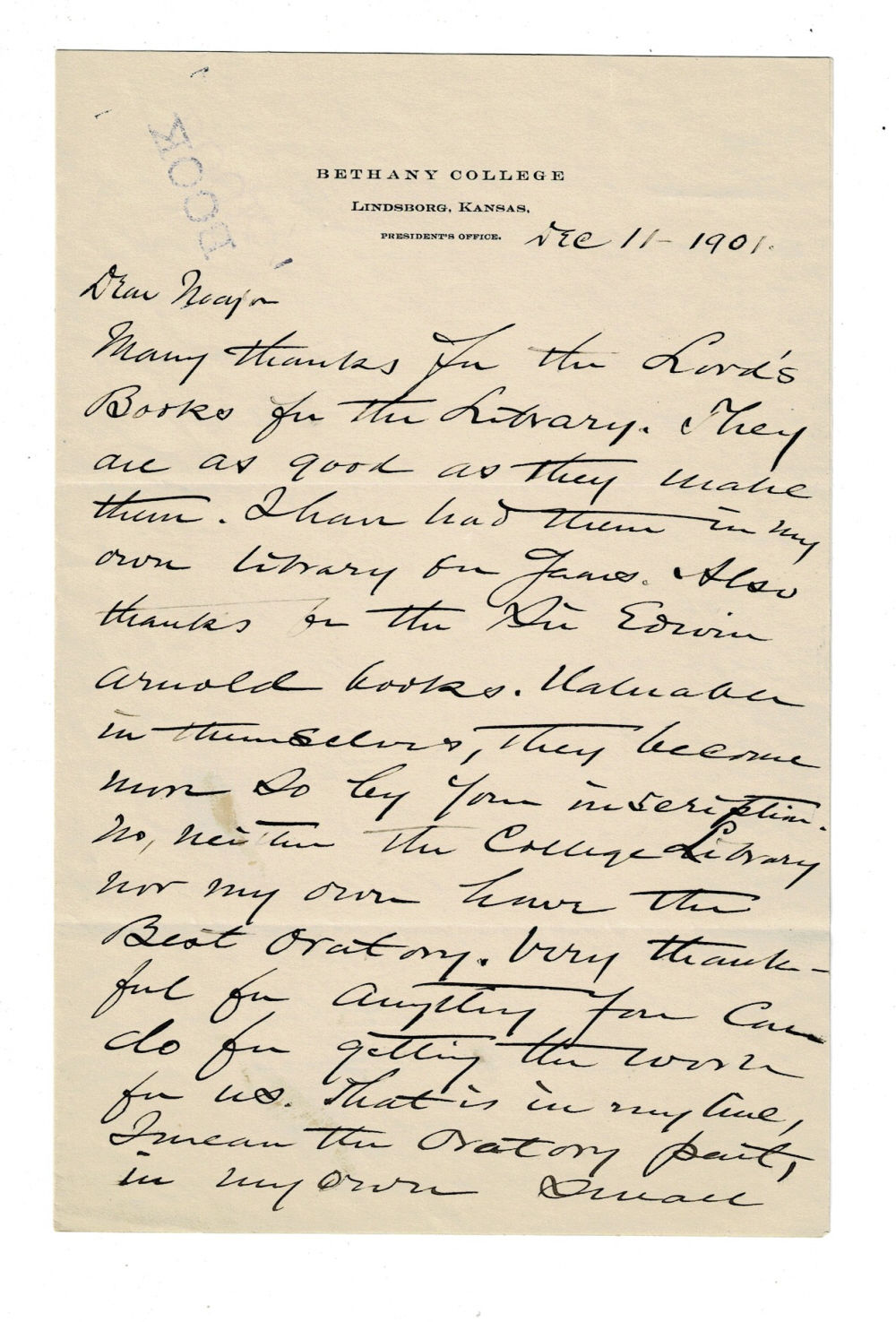 TWO-PAGE AUTOGRAPH LETTER SIGNED by the Lutheran Minister CARL AARON SWENSSON as President of Bethany College.