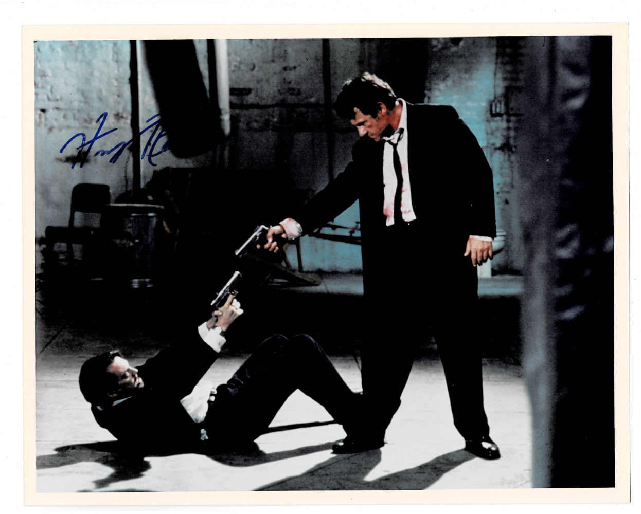 ORIGINAL COLOR PHOTOGRAPH of HARVEY KEITEL and STEVE BUSCEMI in an action scene from RESERVOIR DOGS, SIGNED by HARVEY KEITEL.