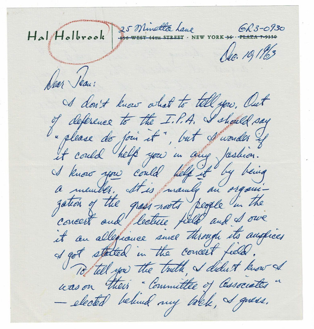 AUTOGRAPH LETTER SIGNED by the American actor HAL HOLBROOK to his friend Jean Dalrymple about joining the I.P.A.