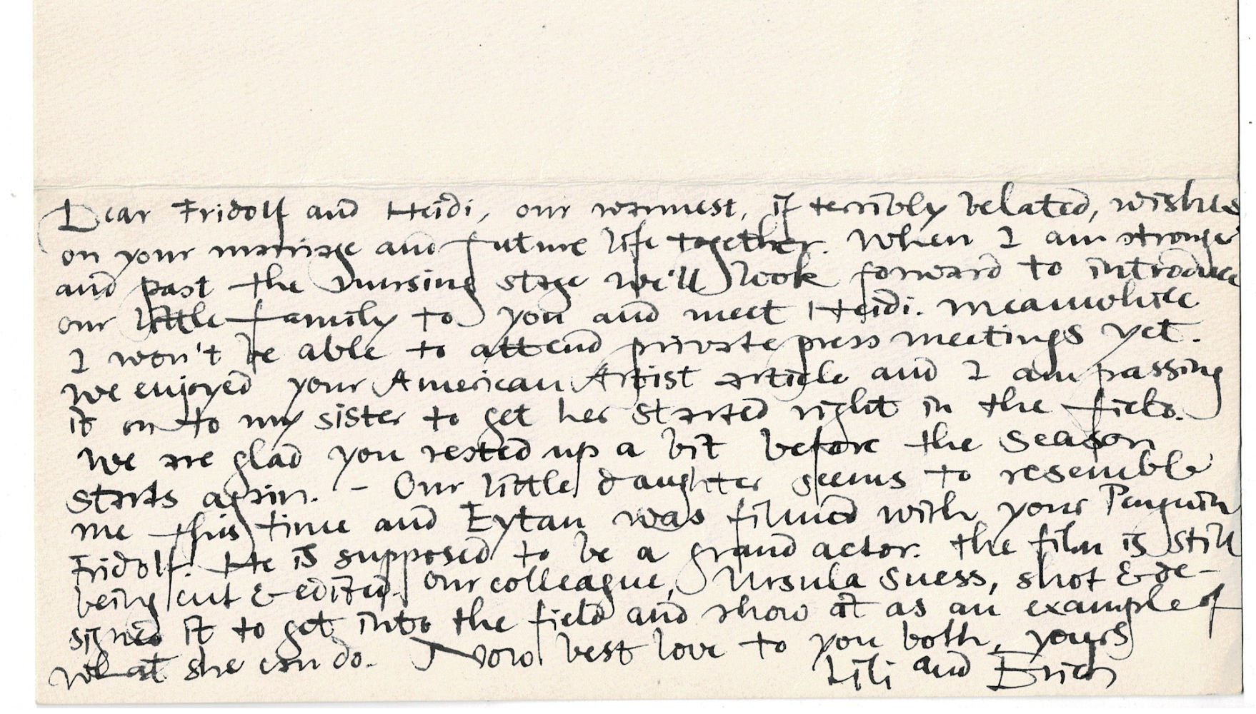 AUTOGRAPH LETTER SIGNED by the calligrapher & book illustrator LILI CASSEL to bookman FRIDOLF JOHNSON and his wife, the artist HEIDI LENSSEN JOHNSON with belated wishes on the occasion of their wedding, penned on the verso of her own broadside announcing the birth of her daughter.