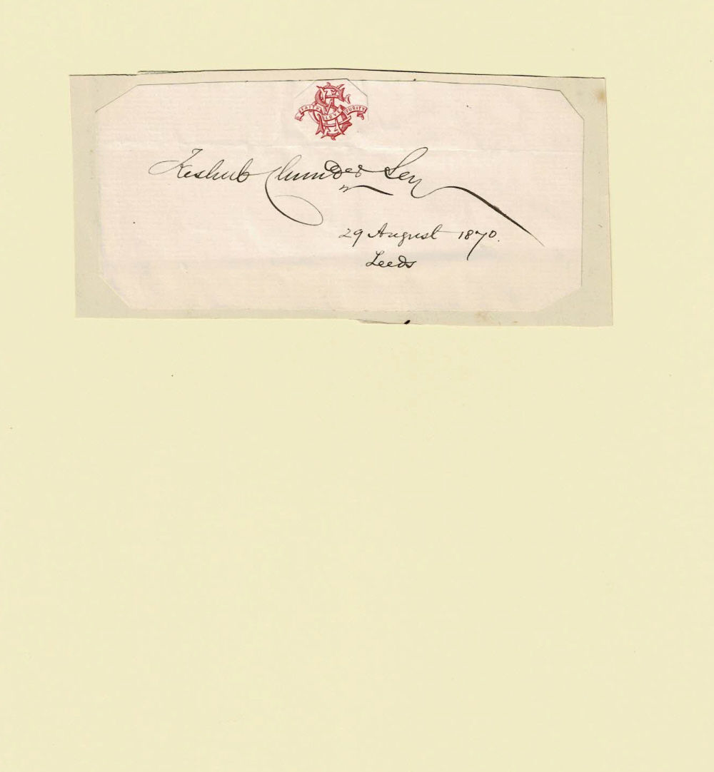 Image for AUTOGRAPH of the Indian Philosopher and social reformer KESHUB CHANDRA SEN at the time of his meeting with the Queen of England. AUTOGRAPH of the Indian Philosopher and social reformer KESHUB CHANDRA SEN at the time of his meeting with the Queen of England.