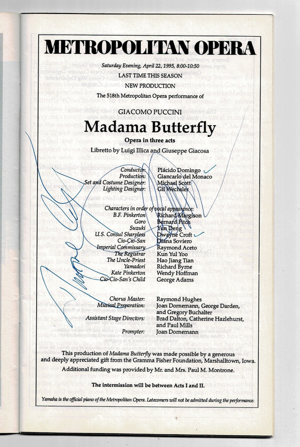ORIGINAL PROGRAM for MADAMA BUTTERFLY at the Metropolitan Opera, SIGNED by PLACIDO DOMINGO and DWAYNE CROFT.