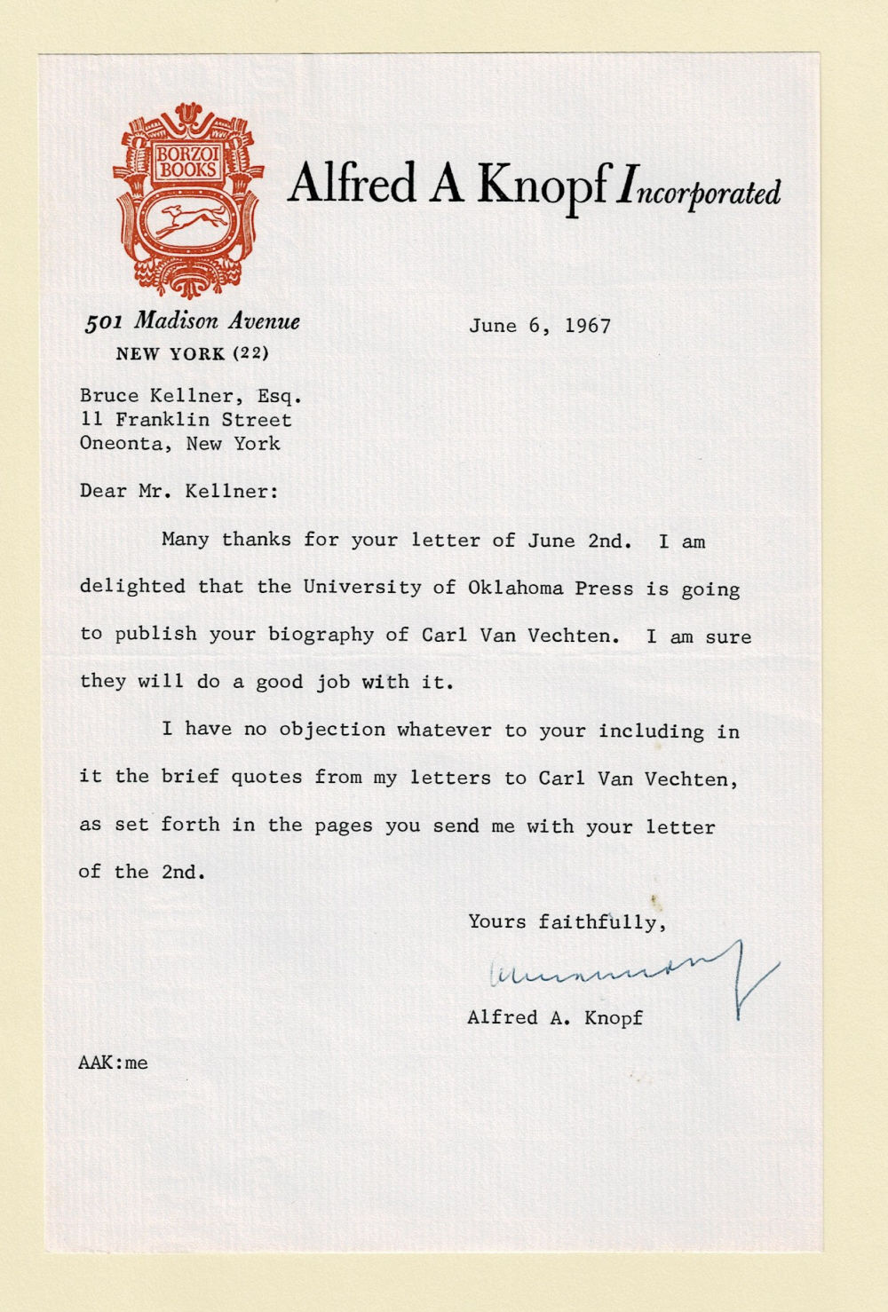 TYPED LETTER SIGNED by the publisher ALFRED A. KNOPF regarding publication of Bruce Kellner's biography of Carl Van Vechten.