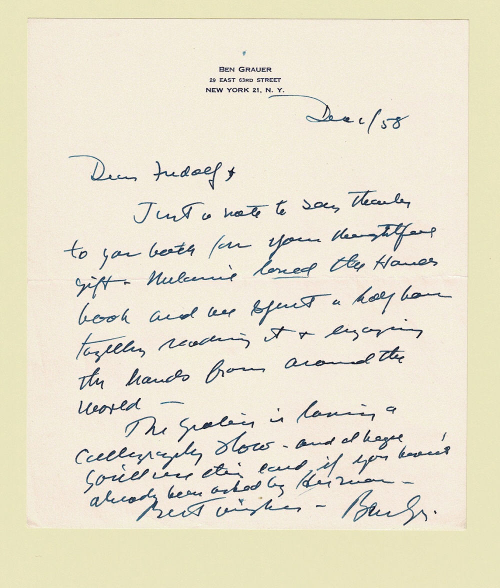 SHORT AUTOGRAPH LETTER SIGNED by the American radio and television personality BEN GRAUER to the bookman Fridolf Johnson thanking him and his wife Heidi Lenssen for the gift of Heidi's book on 