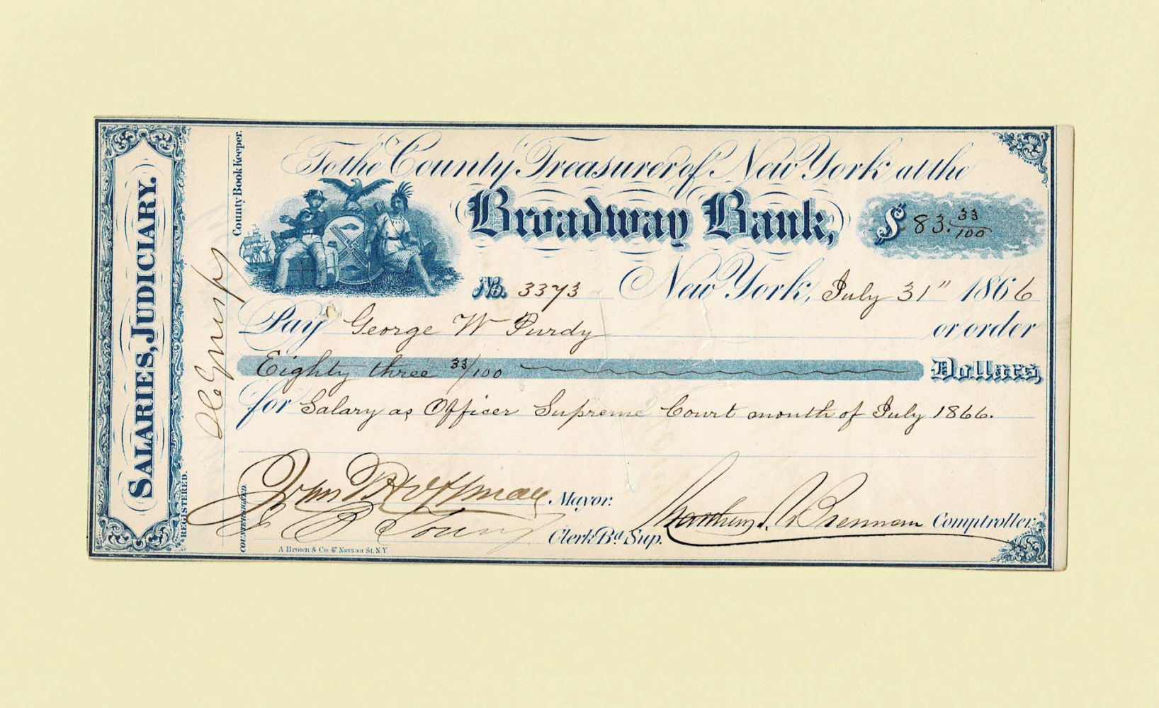 PARTIALLY PRINTED DOCUMENT SIGNED by JOHN T. HOFFMAN as Mayor of New York City.