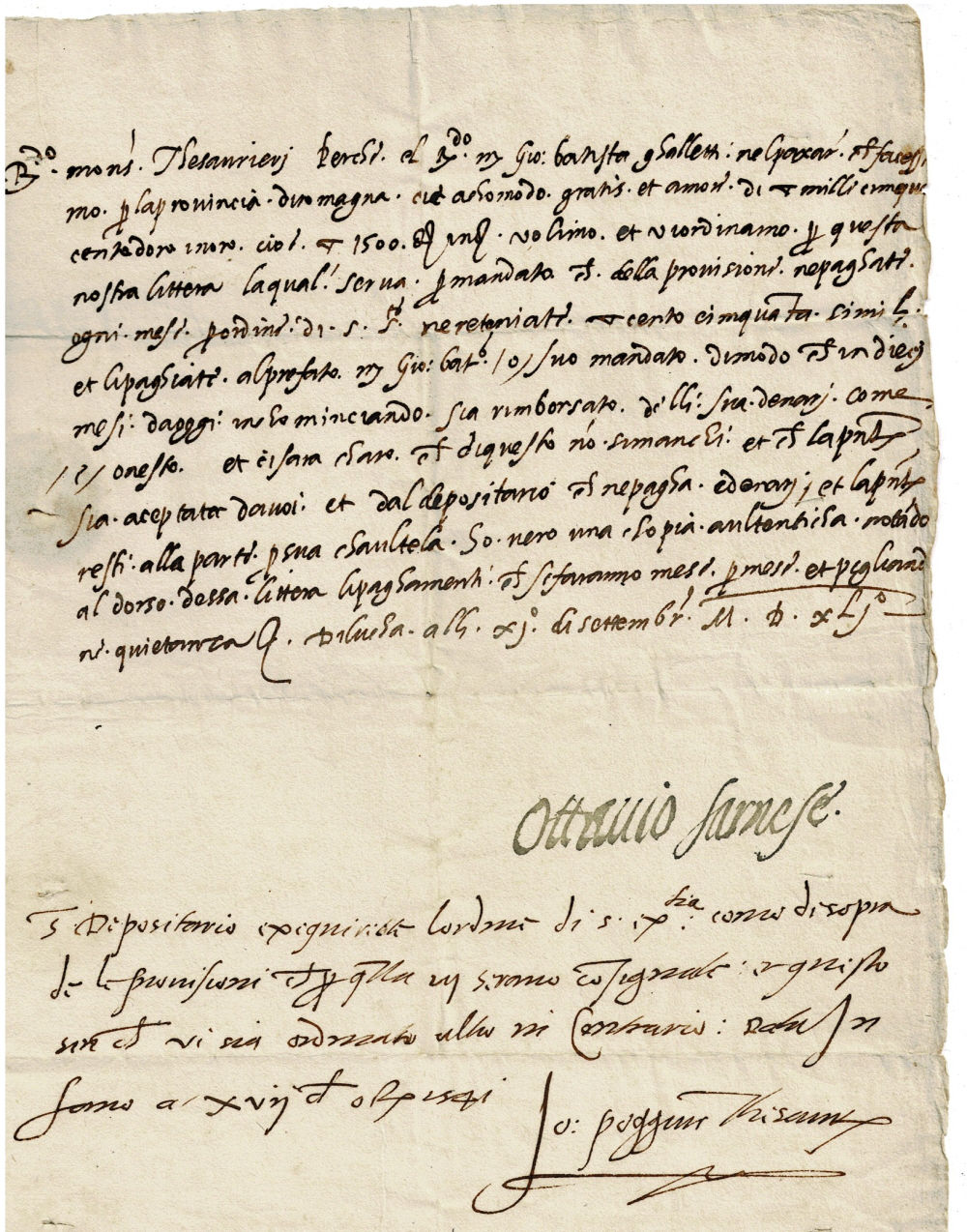 HOLOGRAPH DOCUMENT SIGNED by Pope Paul III's Grandson OTTAVIO FARNESE, DUKE OF PARMA AND PIACENZA and DUKE OF CASTRO ordering that monthly payments be made to Giovanni Battista Gualtieri.