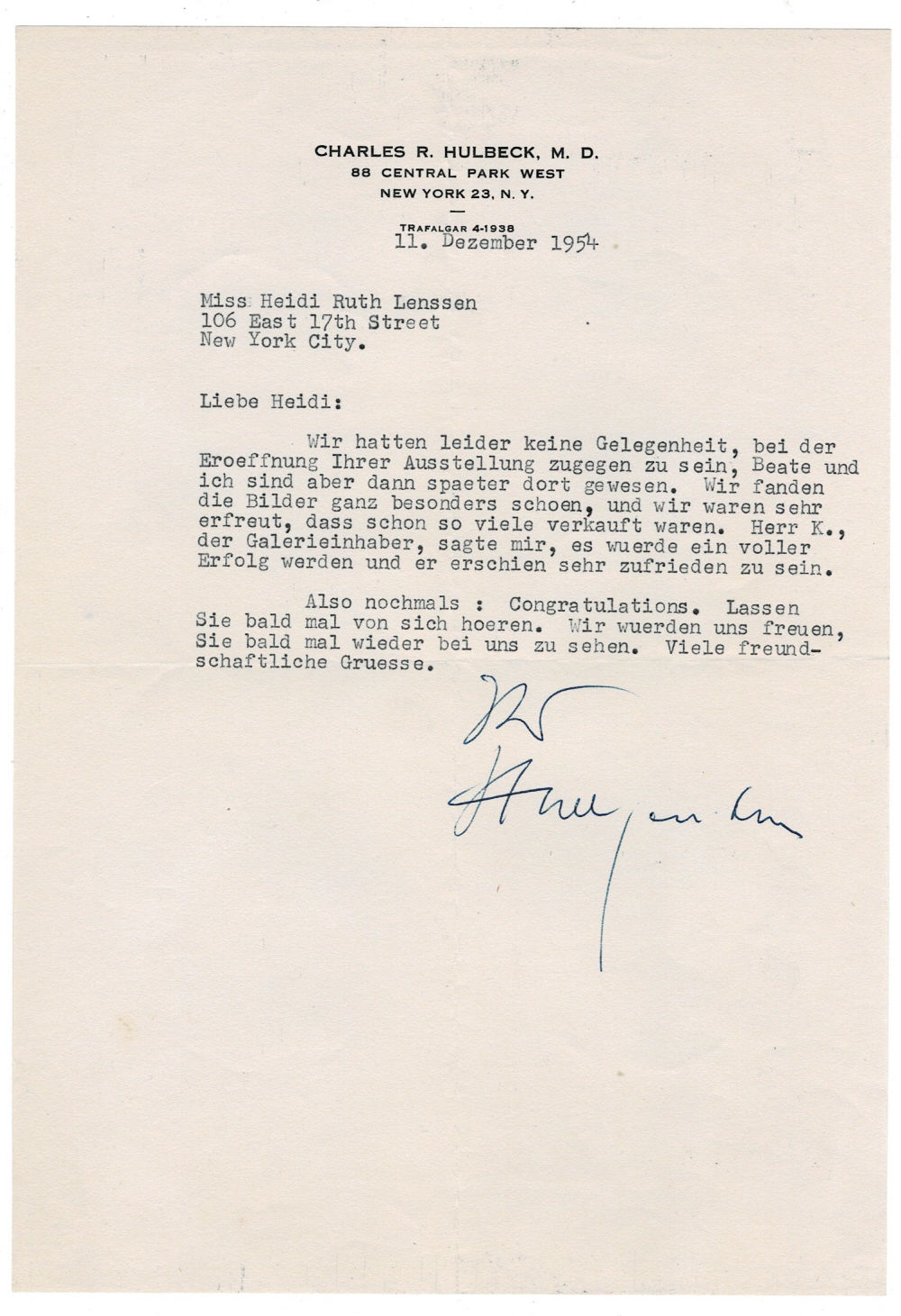 TYPED LETTER SIGNED by the German writer, poet & psychoanalyst associated with the formation of the DADA Movement RICHARD HUELSENBECK, writing to the artist HEIDI LENSSEN.
