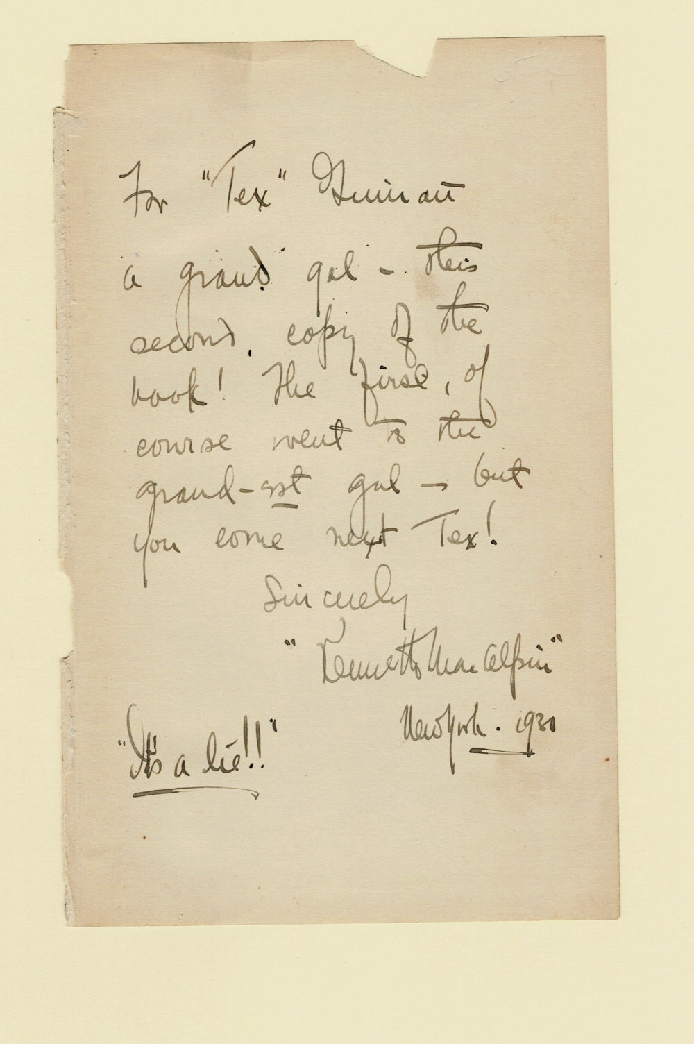 AUTOGRAPH INSCRIPTION SIGNED by the elusive American author KENNETH MacALPIN to the American actress & speakeasy owner 