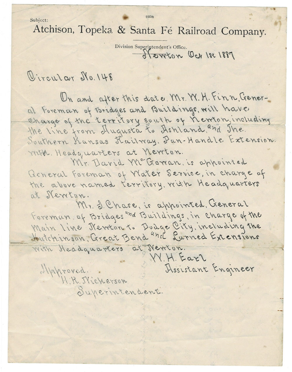 MANUSCRIPT DRAFT ATCHISON, TOKEPA & SANTA FE RAILROAD CIRCULAR by the Civil Engineer & Surveyor WILLIAM H. EARL appointing three foremen to manage regions of the railroad line.