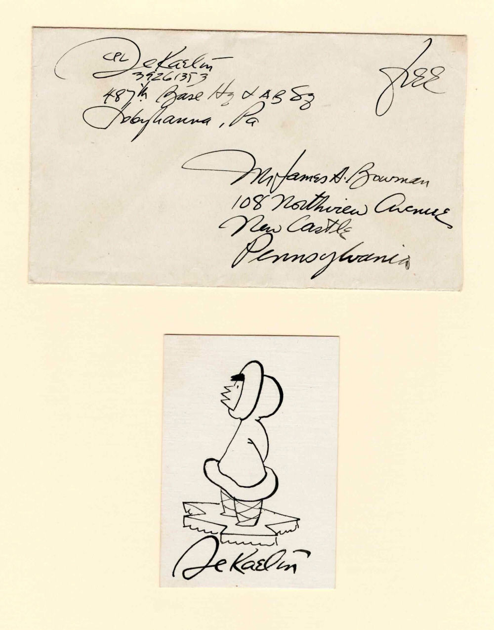 Image for AUTOGRAPH LETTER SIGNED together with an ORIGINAL PEN & INK CARTOON SKETCH SIGNED by the American Cartoonist AL KAELIN drawn while serving in the Air Force during WWII. AUTOGRAPH LETTER SIGNED together with an ORIGINAL PEN & INK CARTOON SKETCH SIGNED by the American Cartoonist AL KAELIN drawn while serving in the Air Force during WWII.