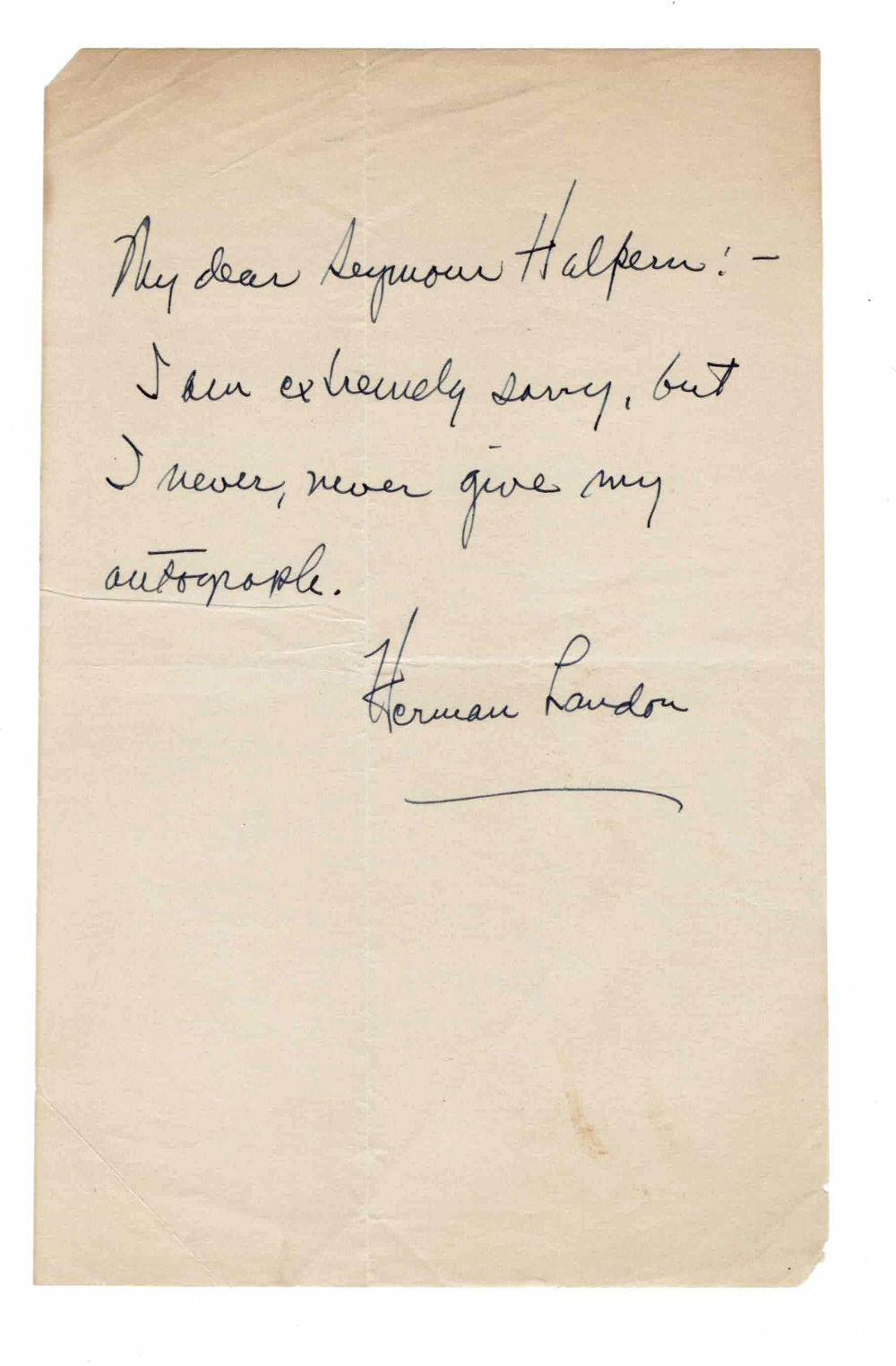 Image for 3 AUTOGRAPH NOTES SIGNED by the Enigmatic Author of Mystery Thrillers LANDON HERMAN, sending his autograph to the future U.S. Congressman Seymour Halpern, including an amusing one saying he never gives out his autograph. 3 AUTOGRAPH NOTES SIGNED by the Enigmatic Author of Mystery Thrillers LANDON HERMAN, sending his autograph to the future U.S. Congressman Seymour Halpern, including an amusing one saying he never gives out his autograph.