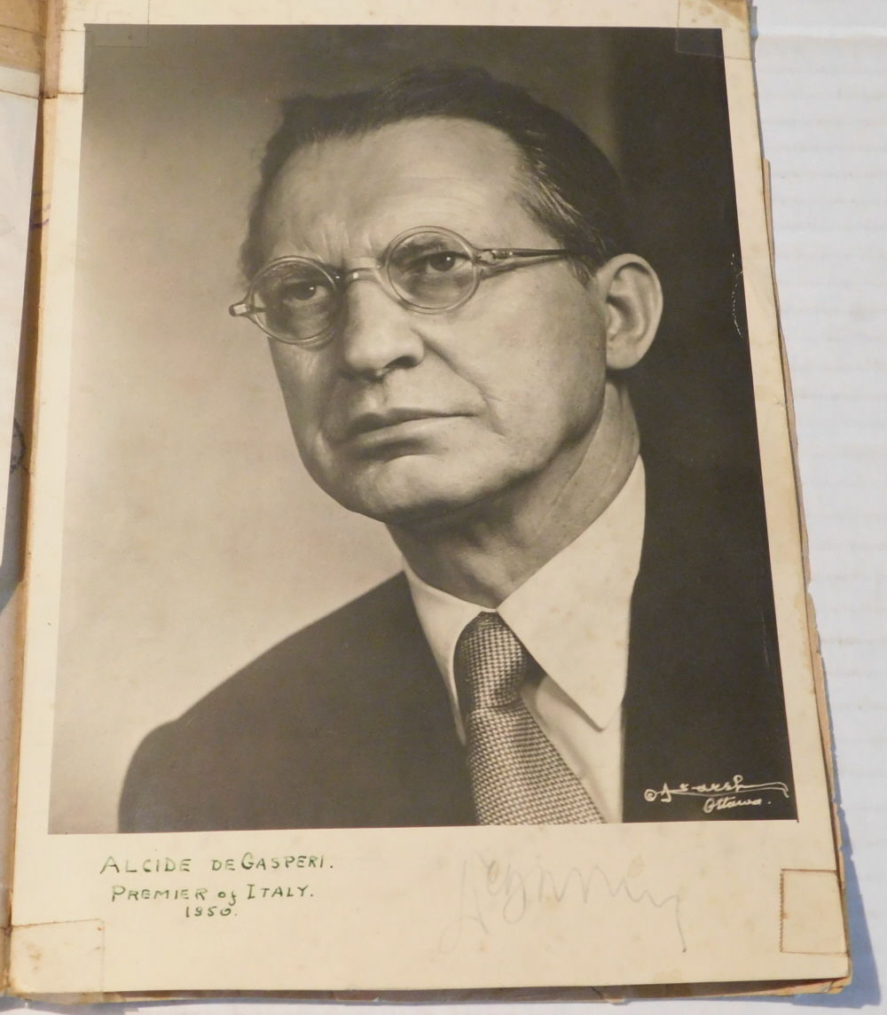 ORIGINAL PHOTOGRAPH of the ITALIAN PRIME MINISTER ALCIDE DE GASPERI, by YOUSUF KARSH, SIGNED by DE GASPERI with a letter signed by his secretary, probably Francesco Bartolotta.