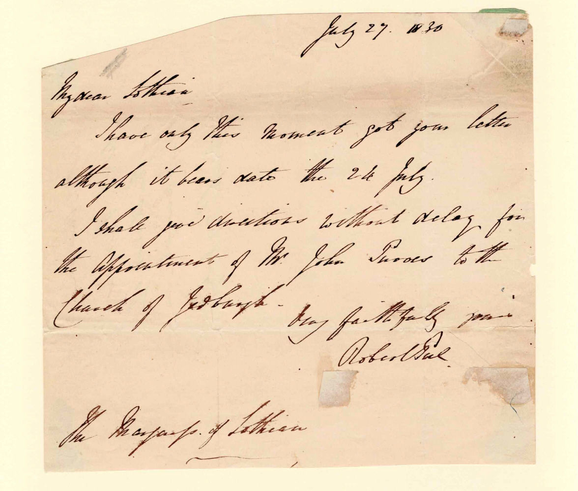 Image for AUTOGRAPH LETTER SIGNED by the future British Prime Minister ROBERT PEEL as Home Secretary, regarding appointing John Purves as minister of the Church of Jedburgh. AUTOGRAPH LETTER SIGNED by the future British Prime Minister ROBERT PEEL as Home Secretary, regarding appointing John Purves as minister of the Church of Jedburgh.