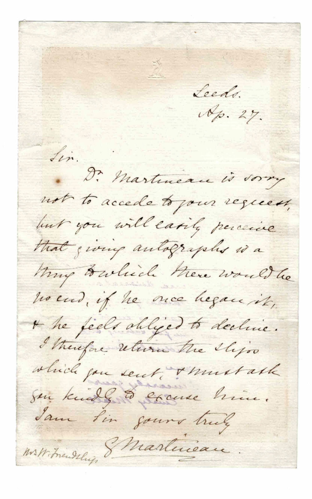 Image for AUTOGRAPH LETTER SIGNED by the British watercolor painter, woodcarver and teacher GERTRUDE MARTINEAU, daughter of the British religious philosopher James Martineau. AUTOGRAPH LETTER SIGNED by the British watercolor painter, woodcarver and teacher GERTRUDE MARTINEAU, daughter of the British religious philosopher James Martineau.