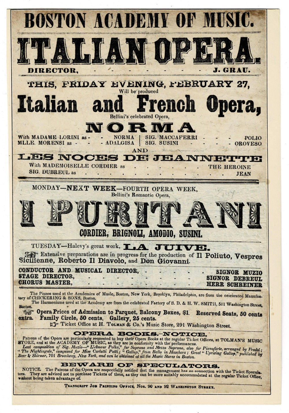 [AN ORIGINAL BROADSHEET ANNOUNCEMENT for Opera Performances at the Boston Academy of Music, including NORMA, Starring the Opera Soprano MADAME VIRGINIA WHITING LORINI]: 