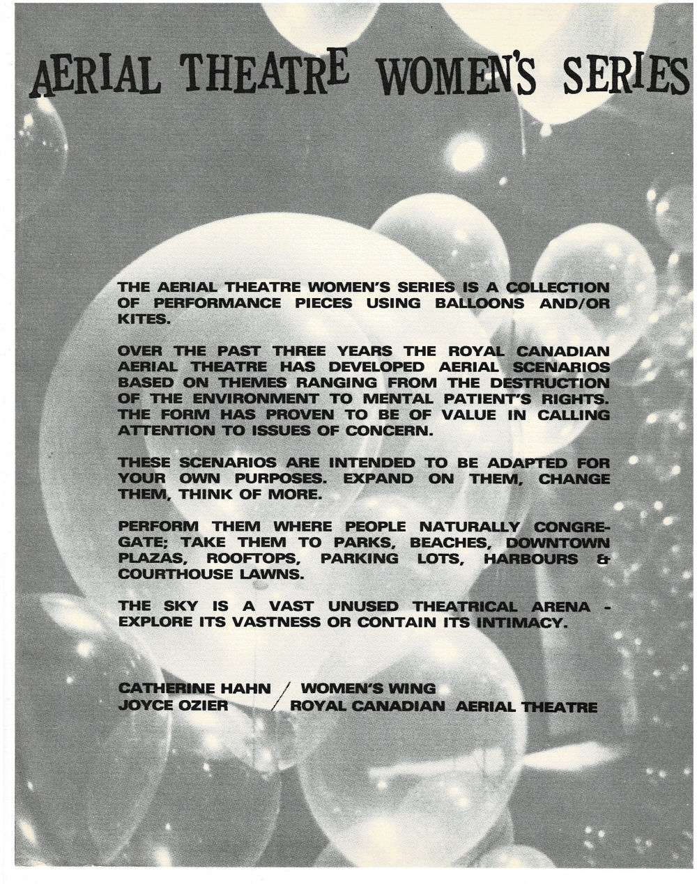 AERIAL THEATRE WOMEN'S SERIES: (The Aerial Theatre Women's Series is a collection of performance pieces using balloons and/or kites.) [A series of 7 illustrated brochures plus title and colophon broadsheets: 