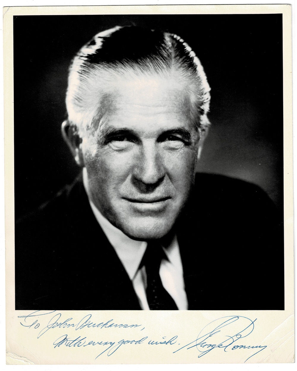 Image for ORIGINAL PHOTOGRAPH INSCRIBED & SIGNED by the Governor of Michigan and Secretary of Housing and Urban Development (HUD), GEORGE W. ROMNEY. ORIGINAL PHOTOGRAPH INSCRIBED & SIGNED by the Governor of Michigan and Secretary of Housing and Urban Development (HUD), GEORGE W. ROMNEY.