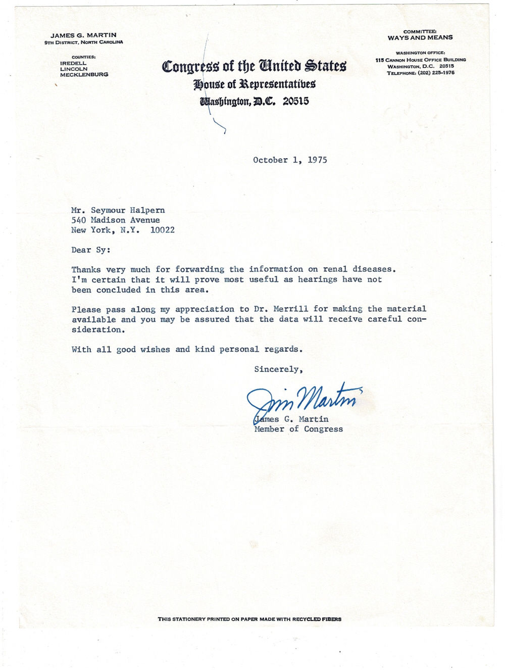 Image for TYPED LETTER SIGNED by the U.S. Congressman from North Carolina JAMES G. MARTIN to the former Congressman from Queens, NY Seymour Halpern. TYPED LETTER SIGNED by the U.S. Congressman from North Carolina JAMES G. MARTIN to the former Congressman from Queens, NY Seymour Halpern.
