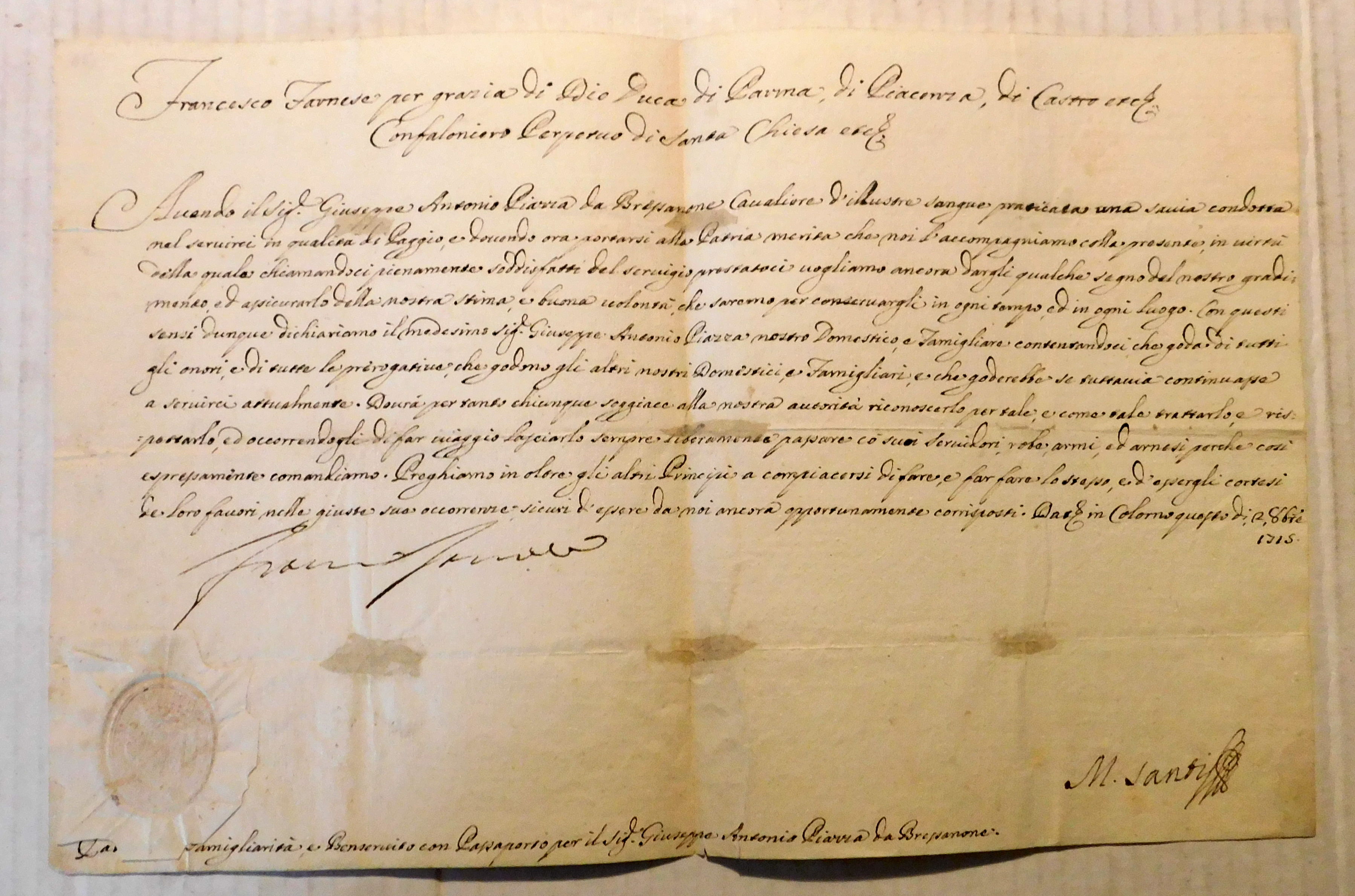HOLOGRAPH DOCUMENT SIGNED by FRANCESCO FARNESE, DUKE OF PARMA AND PIACENZA granting his former Page GIUSSEPPE ANTONIO PIAZZA from BRESSANONE the privileges as his Attendant and Familiar with Safe Conduct (Laissez-Passer) in his travels.